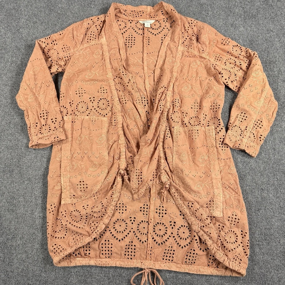 Sundance Cardigan Jacket Medium Petite Coral Terra Cotta Eyelet Open Front Boho
